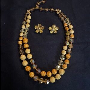 Vintage Crystal and Glass Bead Necklace with Earrings